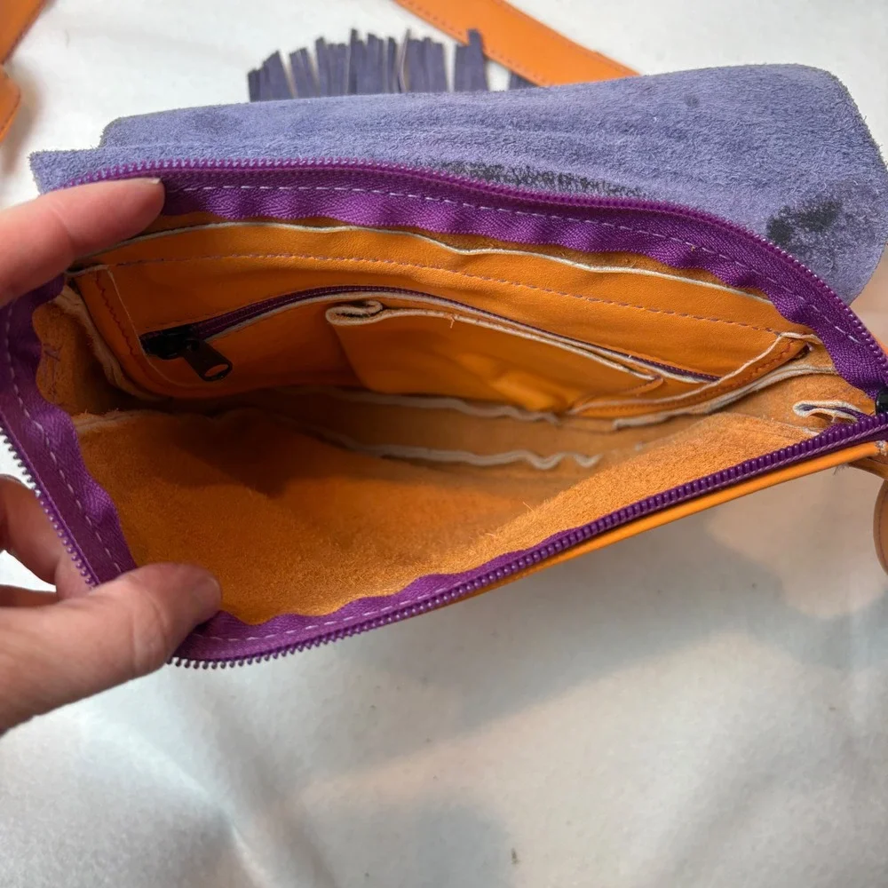 Vintage Boho Orange Leather Purple Fringe Crossbody Bag Village Tannery NYC